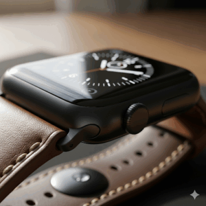 A detailed view of the black apple watch with leather strap, showcasing the fine stitching and texture of the material.