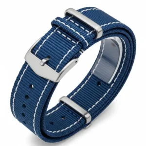 A durable blue nylon watch strap, one of many cheap watch straps that offer a sporty and casual design for any occasion. 