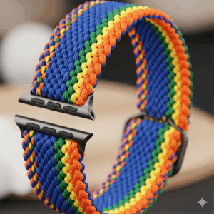 Close-up of a colorful, braided stretch watch band for Apple Watch, highlighting the woven texture.
