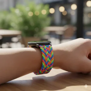A vibrant, braided elastic watch strap on a person's wrist, highlighting its unique texture and style. 
