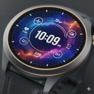  A close-up view of a fashionable digital watch's customizable watch face, showcasing its vibrant display and digital features.