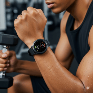 A person wearing a Samsung Galaxy Watch 5 44mm with a classic black silicone band during a workout, highlighting the band's flexibility and comfort for galaxy watch 5 bands 44mm.