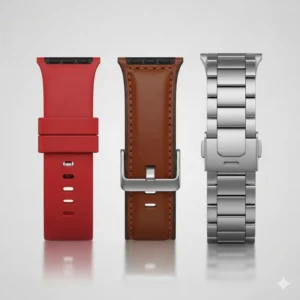An illustration showing the different materials available for the Galaxy Watch 7 44mm band, including silicone, leather, and metal.