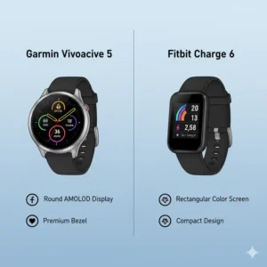 Illustration showcasing the distinct design aesthetics and display types of the Garmin Vivoactive 5 vs Fitbit Charge 6, aiding in visual comparison.