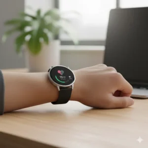 A person wearing a sleek smartwatch on their wrist, demonstrating a stylish alternatives to fitbit for daily activity tracking. 
