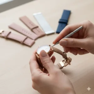 Woman's hands demonstrating how to replace ladies watch straps replacement easily and securely at home. 