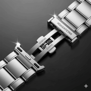A high-quality photo of a durable stainless steel 20mm Galaxy Watch band, emphasizing its metallic sheen and clasp mechanism.