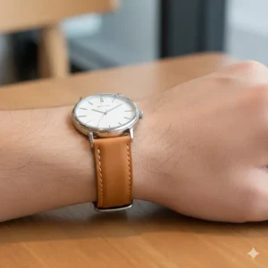 A close-up of a quick-release clasp on an affordable leather watch straps, demonstrating its convenience.