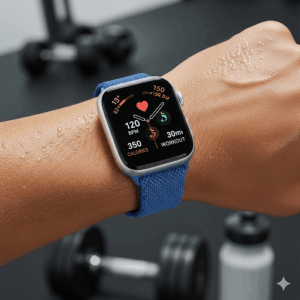 An Apple Watch with a comfortable, adjustable elastic stretch watch band for Apple Watch on a wrist, perfect for workouts.