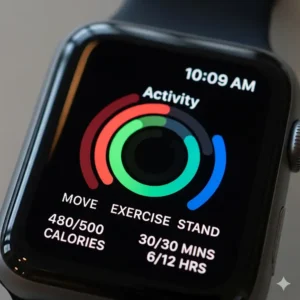 Close-up of the bright Retina display on the Apple Watch MTF32LL/A model, showing health metrics.