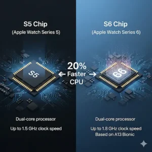 An infographic comparing the processor performance of the apple watch series 5 vs 6, showing the S5 and the S6 chips.