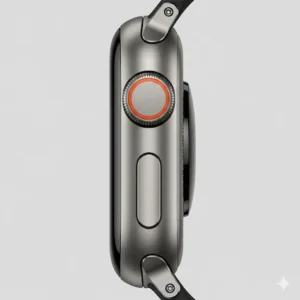 Side profile of the Apple Watch Ultra casing, showcasing the digital crown guard, the elongated side button, and the orange Action Button. This view emphasizes the watch's thicker, more protective build.