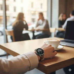 A trendy fashionable digital watch subtly featured on a wrist in a modern coffee shop setting, emphasizing its integration into everyday fashionable life.