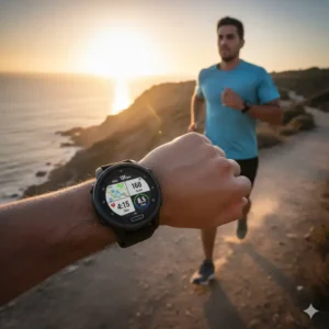 An individual running outdoors with a non-Fitbit fitness tracker visible on their wrist, showcasing alternatives to fitbit for active lifestyles. 