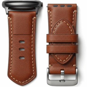 A detailed image of a brown leather band for the Galaxy Watch 5 44mm, emphasizing its premium texture and stitching, an excellent option for galaxy watch 5 bands 44mm.