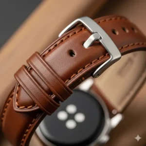 An elegant brown leather smartwatch watch strap with a classic buckle, suitable for formal or professional settings.