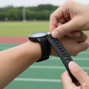 A person's hand adjusting a long, black silicone long watch bands, highlighting the durable and flexible material.