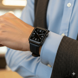 A man's wrist, wearing a sophisticated black apple watch with leather strap, paired with a business casual outfit.