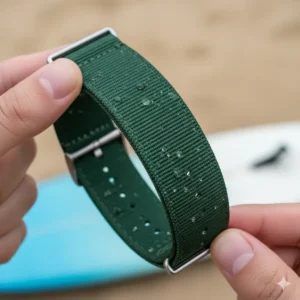 A durable, stretchy nylon elastic watch strap showing its elasticity and quick-drying properties.