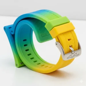 A colorful silicone rubber watch band, a perfect example of cheap watch straps that provide a waterproof and comfortable fit for active use. 