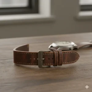 A stylish gold watch paired with an elegant, white affordable leather watch straps.