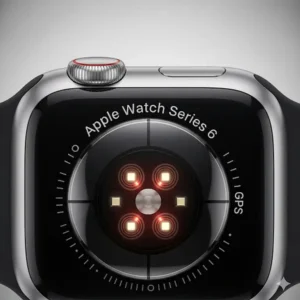  A close-up of the back of the Apple Watch, demonstrating the new blood oxygen sensor found in the apple watch series 5 vs 6 comparison. 