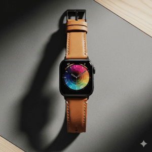  An overhead shot of a black apple watch with leather strap, highlighting the versatility of the accessory.