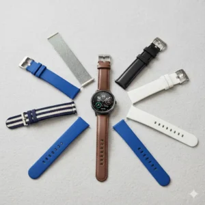  An illustration of a fashionable digital watch accompanied by various interchangeable strap options, demonstrating its versatility and customization for different styles.