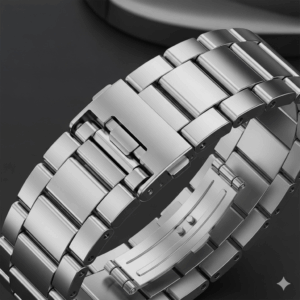 A stainless steel metal link band for the Galaxy Watch 5 44mm, showing the adjustable clasp and polished finish, ideal among galaxy watch 5 bands 44mm.