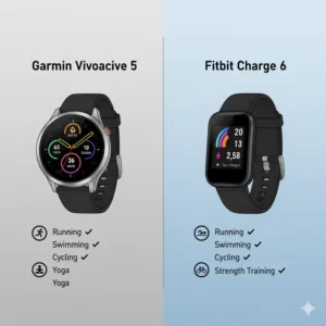 Graphic illustrating the variety of fitness and sports tracking modes offered by the Garmin Vivoactive 5 vs Fitbit Charge 6, such as running, swimming, and cycling.