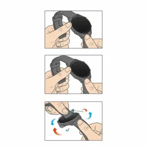 A simple, illustrated guide demonstrating the quick release mechanism for changing a Galaxy Watch 7 44mm band.