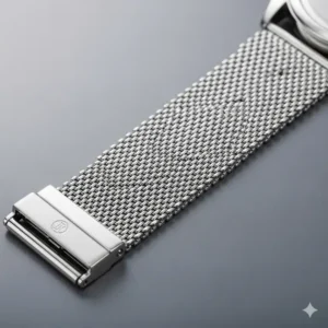 A sleek silver metal mesh watch strap, among the best cheap watch straps for an elegant and breathable feel.