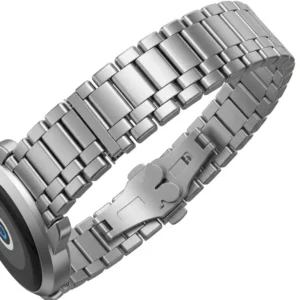 A sleek stainless steel metal bracelet for a smartwatch, showcasing a sophisticated and durable design.