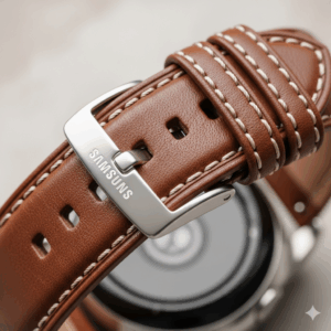 A detailed view of a brown leather 20mm Galaxy Watch band with contrasting stitching, highlighting its classic and elegant look.