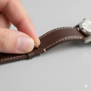 A view from above of a stylish watch on a work desk, featuring an affordable leather watch straps.