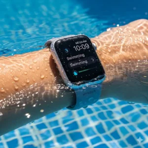 The Apple Watch MTF32LL/A being used for swimming, highlighting its water resistance feature.