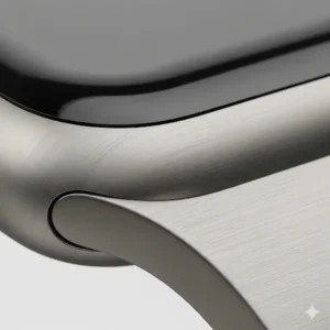 A detailed macro shot of the brushed titanium on the Apple Watch Ultra casing, providing a texture close-up that highlights the material's durability and lightweight properties.