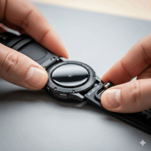 A step-by-step guide showing how to easily change the galaxy watch 6 44mm bands using the new one-click release button.