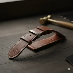 A close-up of a custom-made watch band designed for a larger wrist, featuring detailed stitching on the long long watch bands.