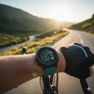 A close-up of a GPS-enabled sports watch on a cyclist's wrist, illustrating excellent alternatives to fitbit for outdoor enthusiasts. 