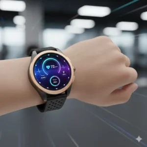A fashionable digital watch displaying health tracking features like heart rate monitoring and step count, illustrating its smart capabilities beyond just time-telling.