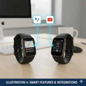 An illustration depicting Google Maps and YouTube Music controls on the Fitbit Charge 6 vs 4 display, emphasizing its new smart features and Google app integrations. 