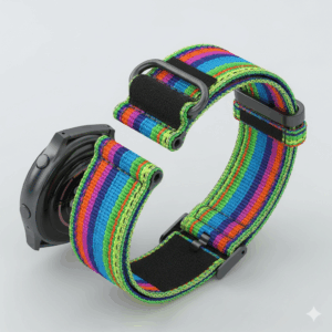A colorful nylon fabric loop band for the Samsung Galaxy Watch 5 44mm, demonstrating its lightweight design and hook-and-loop closure, one of the versatile galaxy watch 5 bands 44mm.
