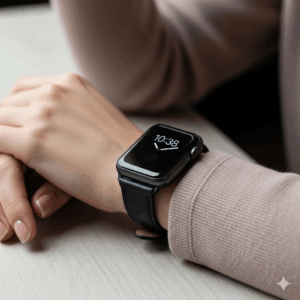 A woman's wrist, adorned with a sleek black apple watch with leather strap, complementing a modern, everyday look.