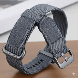 An image of a comfortable nylon loop 20mm Galaxy Watch band, showcasing its adjustable hook-and-loop closure. 
