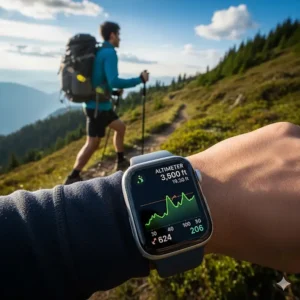 A person hiking, showing the always-on altimeter feature on the Apple Watch Series 6 as a key difference between apple watch series 5 vs 6.