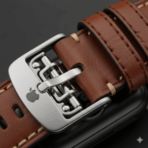 A macro shot focusing on the buckle and clasp of a black apple watch with leather strap, emphasizing the quality and design of the hardware.