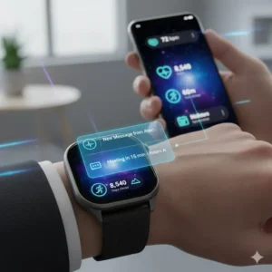 An illustration of a fashionable digital watch receiving smartphone notifications, highlighting its seamless connectivity and smart features.