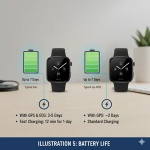 A graphic illustrating the typical battery life of both the Fitbit Charge 6 vs 4 under various usage conditions, helping users compare endurance. 