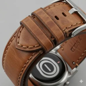 Detailed close-up of a brown genuine leather Galaxy Watch 7 44mm band showcasing its texture and stitching.